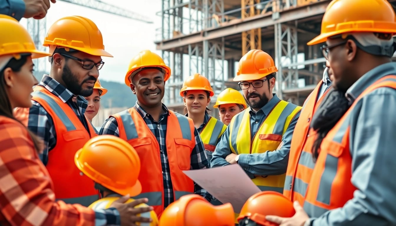 Team reviewing construction safety programs during a site meeting emphasizing collaboration.