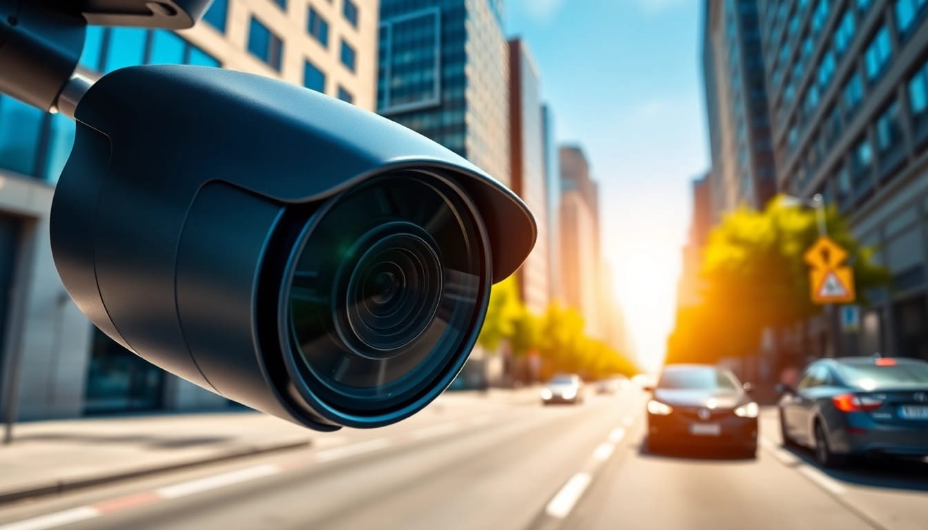 Capturing automatic license plate recognition with a high-tech camera in an urban setting.