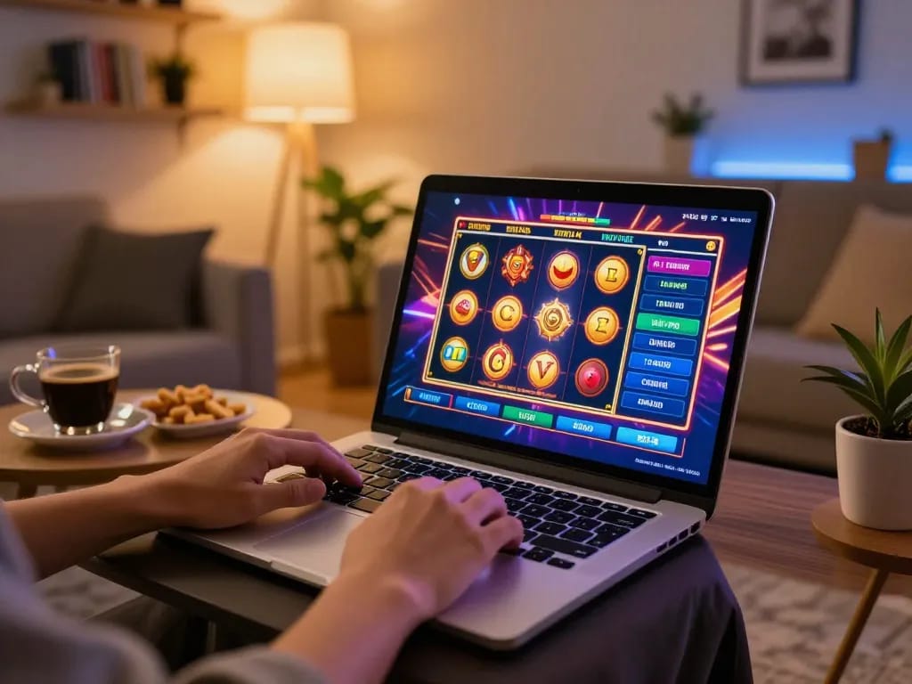 Playing link slot games online in a cozy living room, vibrant colors of animated reels visible.