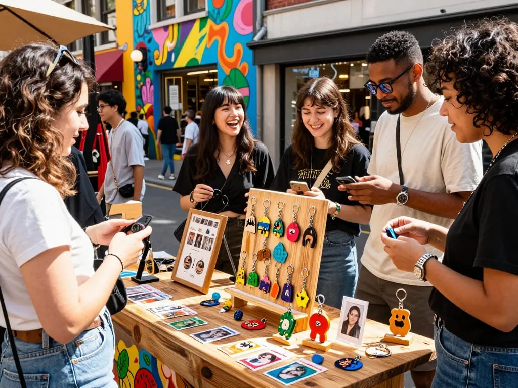 Custom keychains showcased outdoors among friends in colorful market, promoting vibrant personalized designs.