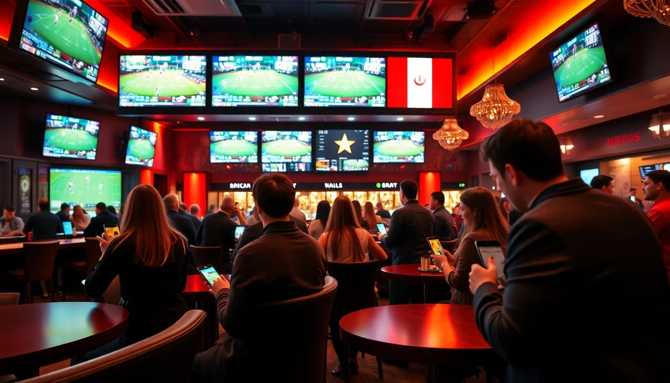 Engaged patrons enjoying Canada sports betting in a modern sports bar setting.