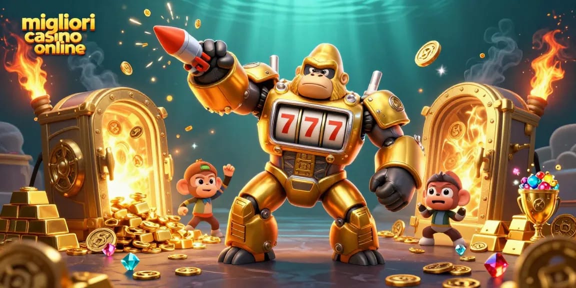 I migliori casino online in un'illustrazione 3D con un gorilla mech e tesori scintillanti.