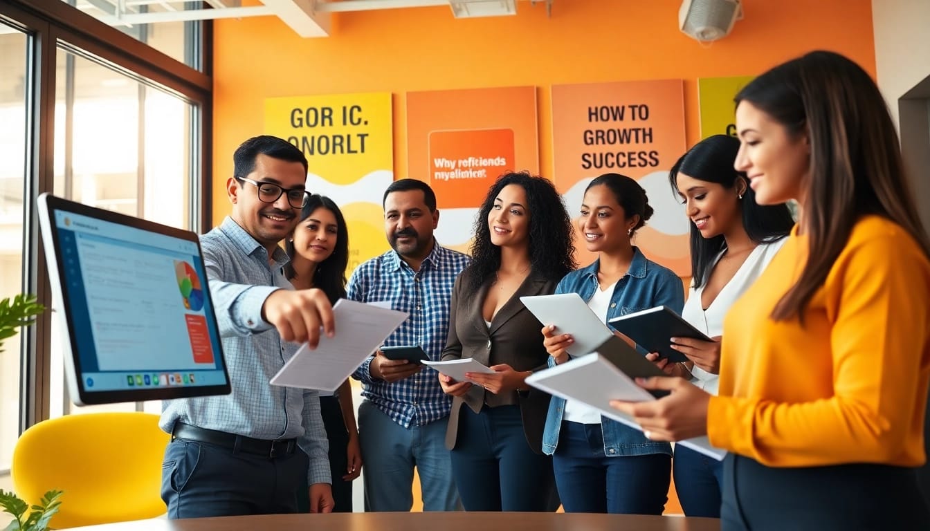 Certification help providers collaborating in a bright office setting with engaging materials.