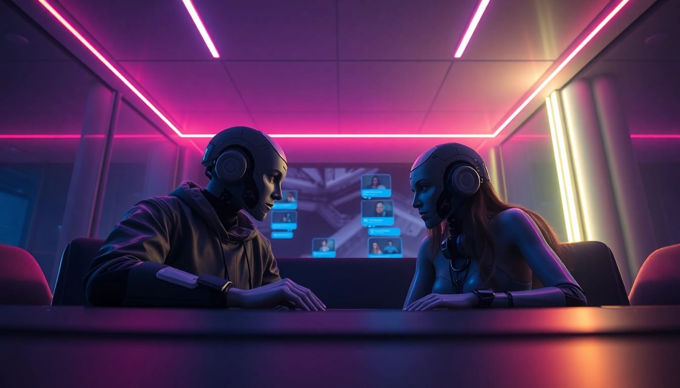 Engaging interaction with NSFW AI chatbots in a futuristic digital environment.
