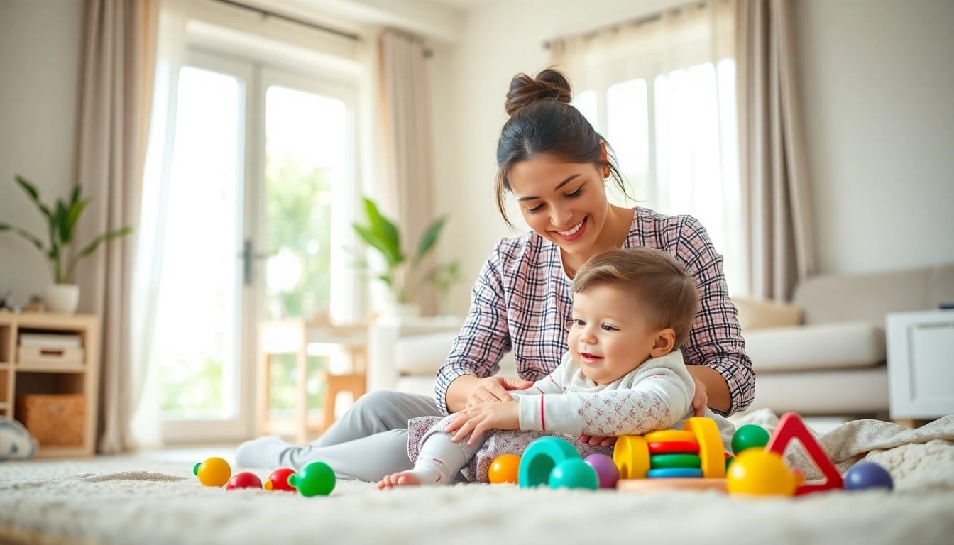 Nanny Abu Dhabi providing attentive care while playing with a child in a sunny home environment.