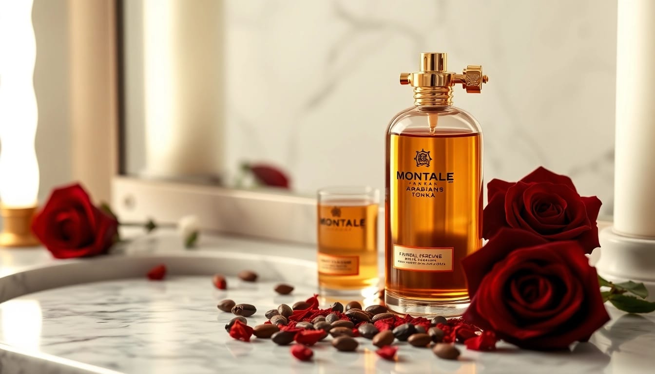 Experience the allure of Montale arabians tonka with an elegant perfume bottle amidst luxurious flowers.