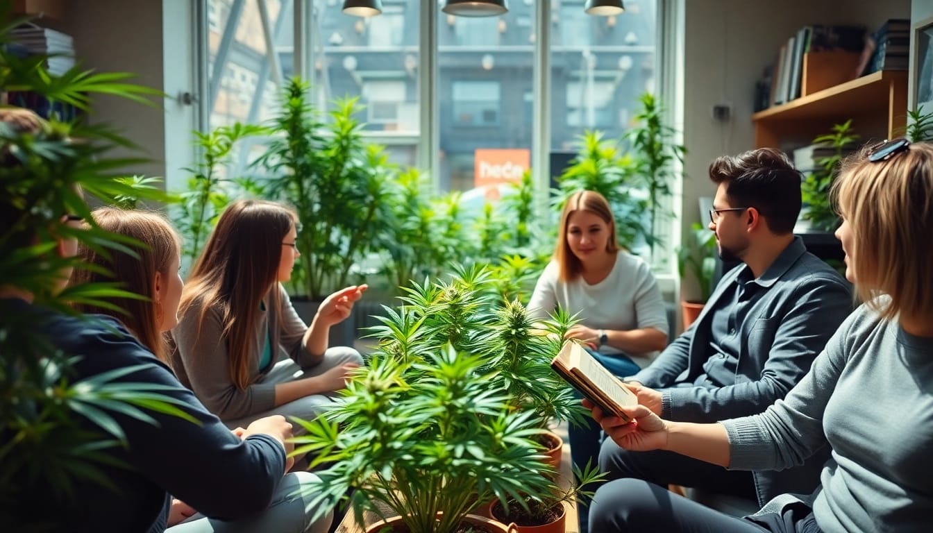 Mitglieder der bluetenbande diskutieren entspannt in einem modernen Cannabis Social Club.