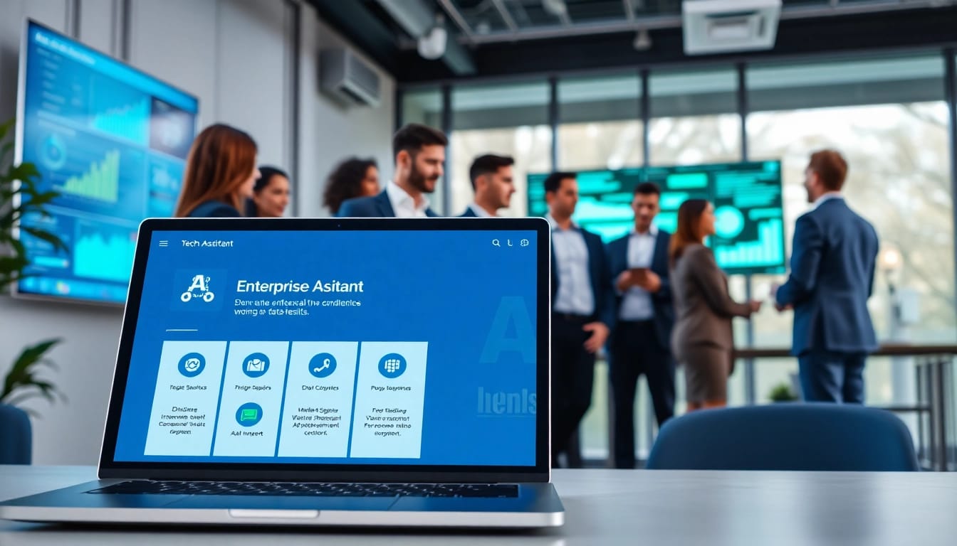Illustrative view of enterprise assistant software on a laptop with team collaboration in the background.