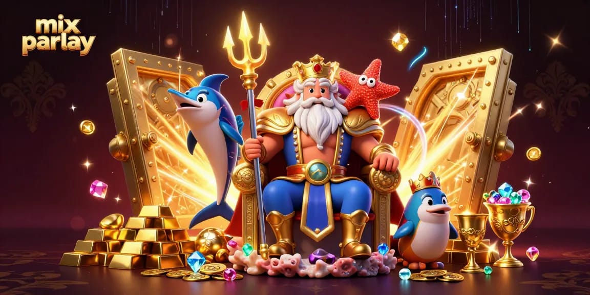 Experience the thrill of mix parlay betting with Neptune and treasures in this vibrant illustration.