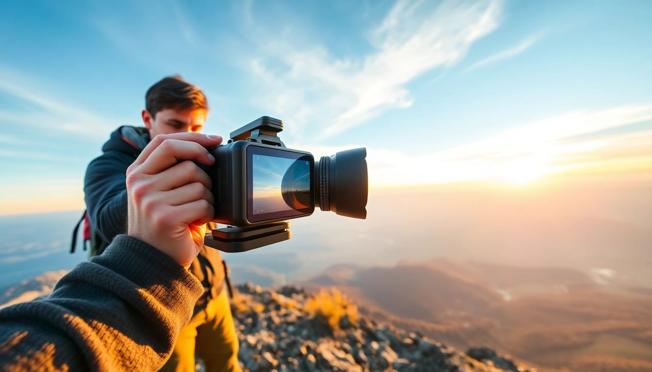 Capturing landscapes with the insta360 antigravity a1 camera atop a mountain during sunrise.