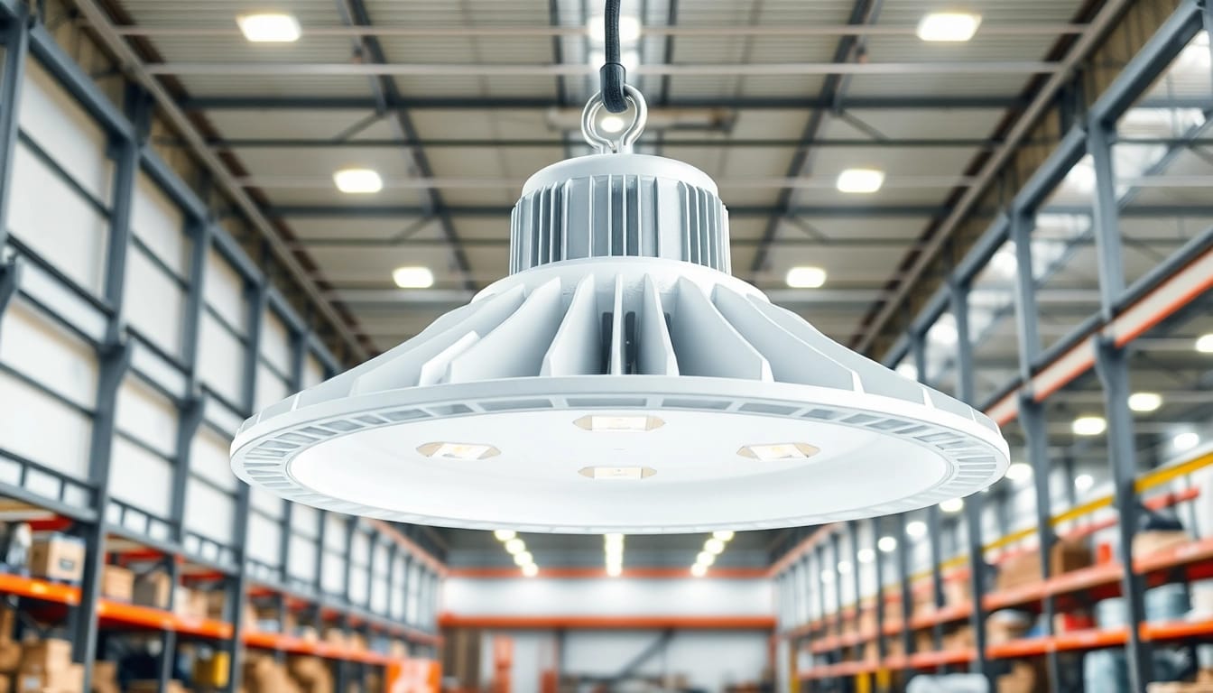 LED high bay verlichting voor een heldere werkruimte in een modern magazijn.