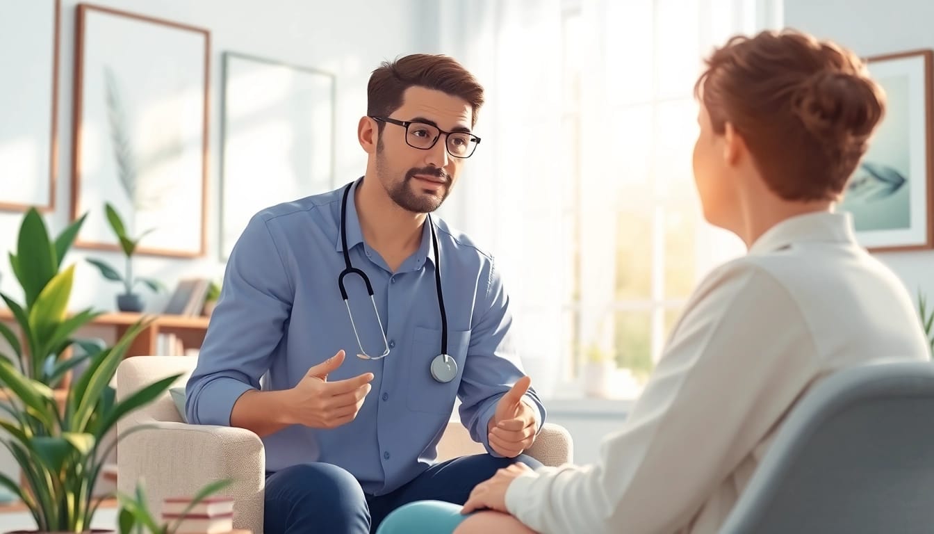 Anxiety symptoms depicted through a professional therapist's supportive interaction with a client.