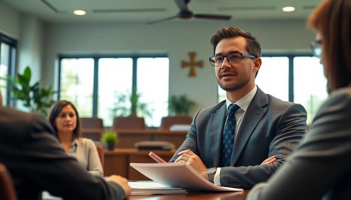 Environmental lawyer consulting clients in a bright courtroom, promoting eco-friendly justice.