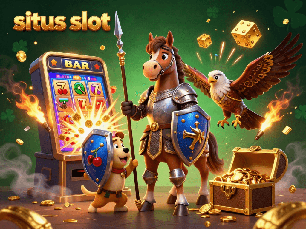 Situs slot characters celebrating a jackpot with dynamic slot machine, coins, and festive elements in a 3D scene.