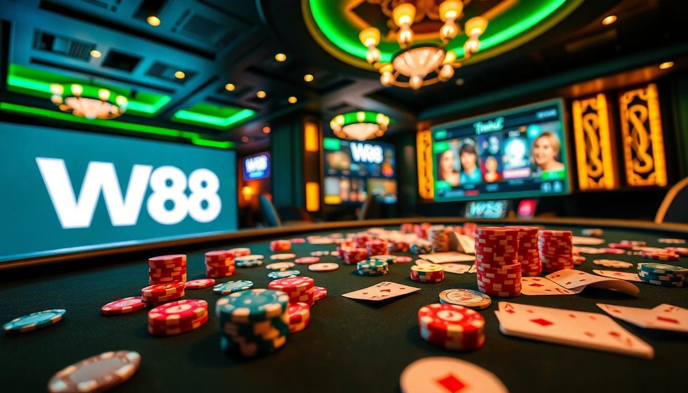Trải nghiệm cảm giác hồi hộp khi tham gia cá cược trực tuyến tại W88 với hình ảnh casino sống động, chip poker và các lá bài.