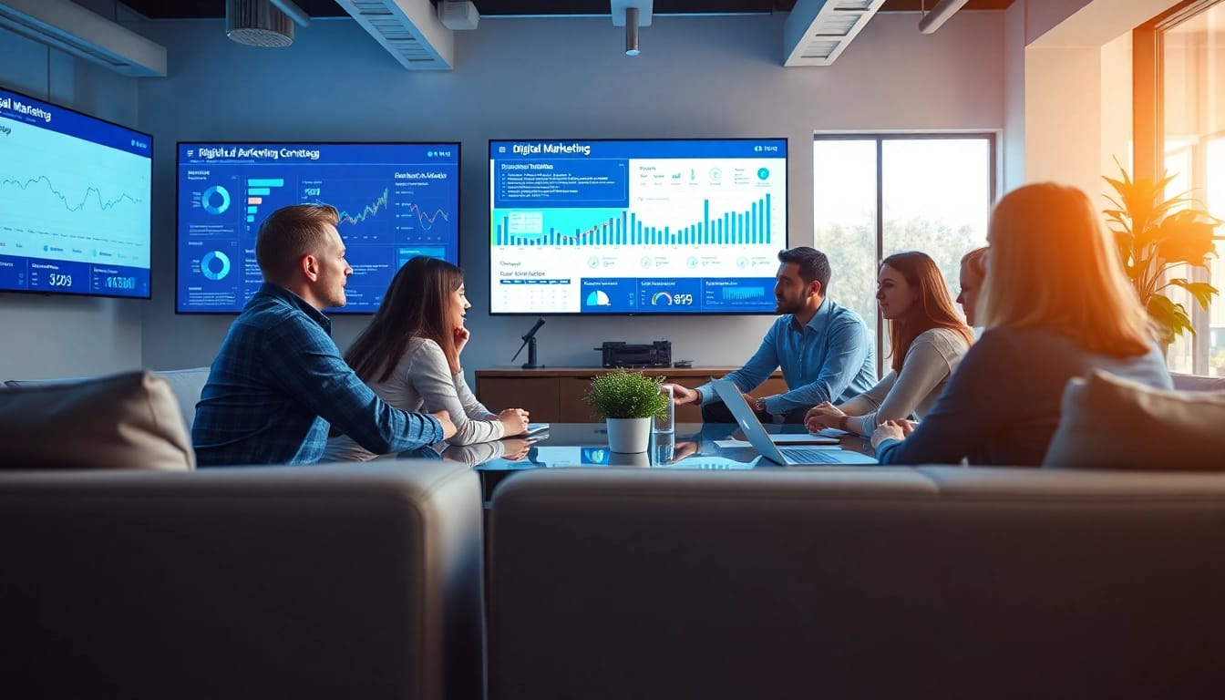 Engaged team at a digital marketing company in a modern workspace, discussing strategies.