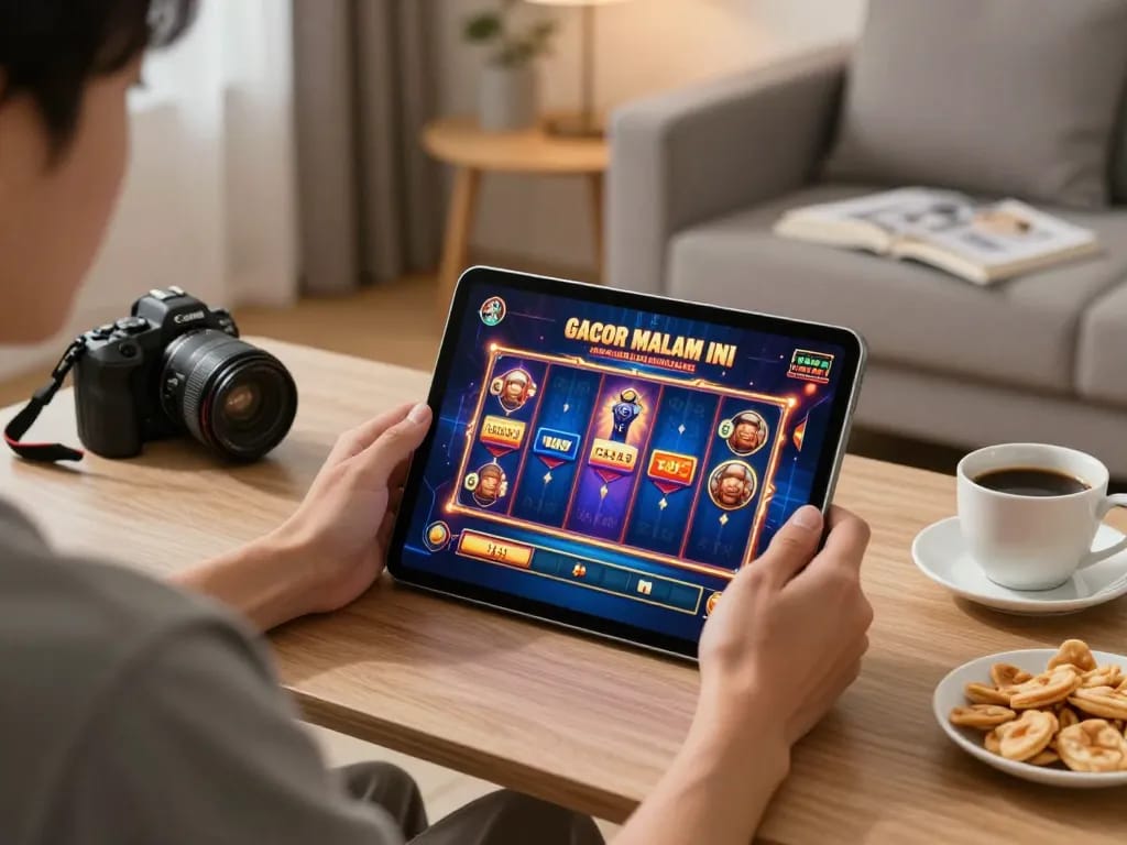 Engaging in slot gacor malam ini with dynamic gameplay on tablet in modern living environment.