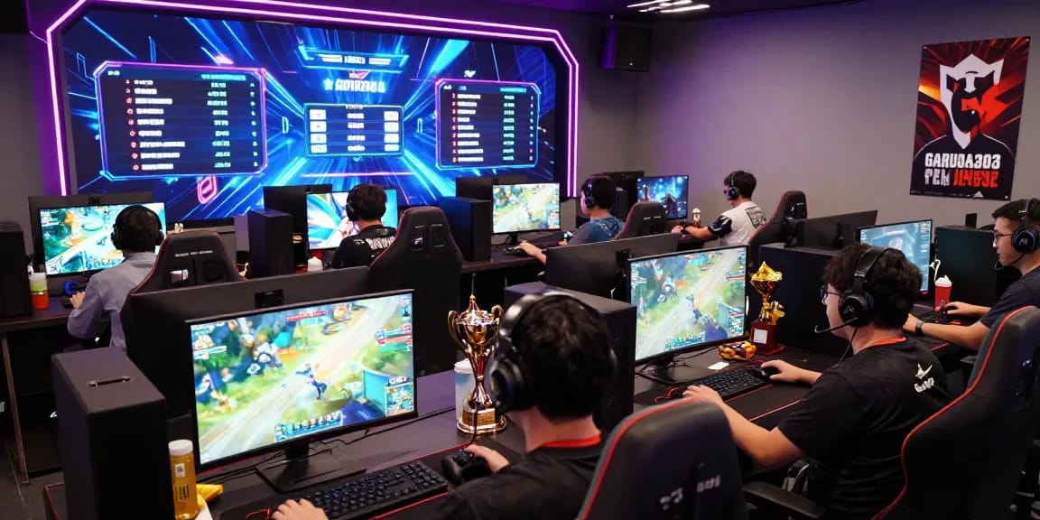 Garuda303 gaming platform scene with players immersed in vibrant gameplay, showcasing modern gaming setups.
