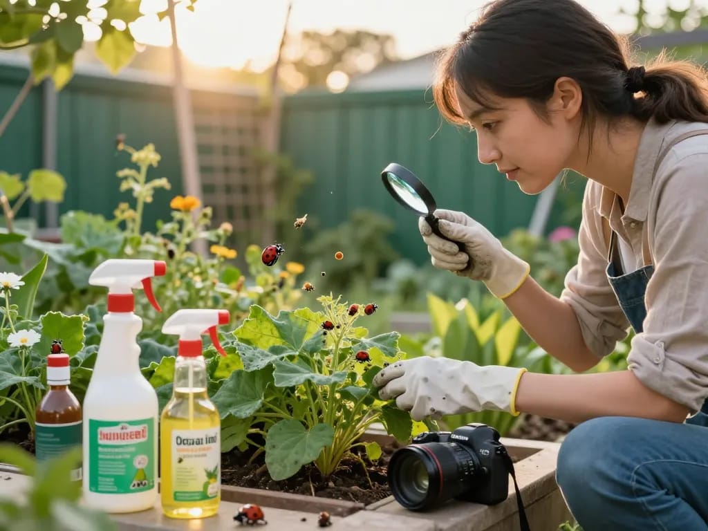 Pest control guide scene showcasing a gardener inspecting plants for pests with tools and healthy plants.