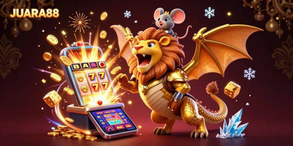 Experience JUARA88's thrilling casino action with golden jackpot slots and a unique chimera mascot!