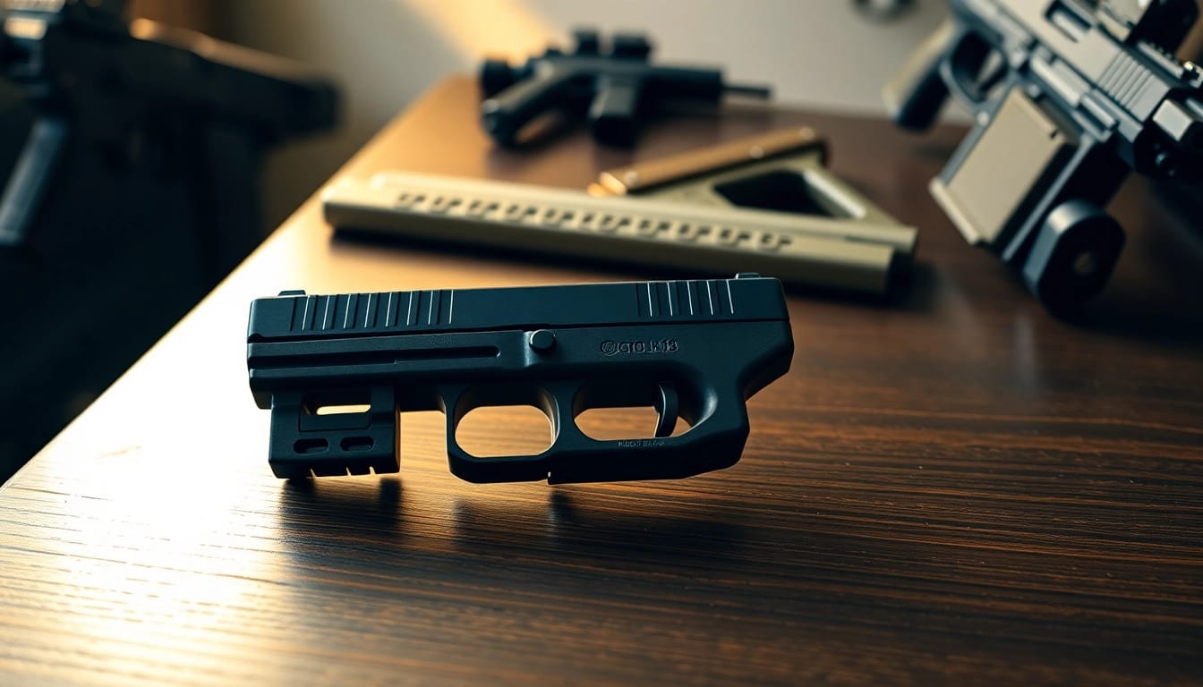 Showcasing a Glock 19 Gen 5 MOS OEM Slide on a dark table with tactical gear.