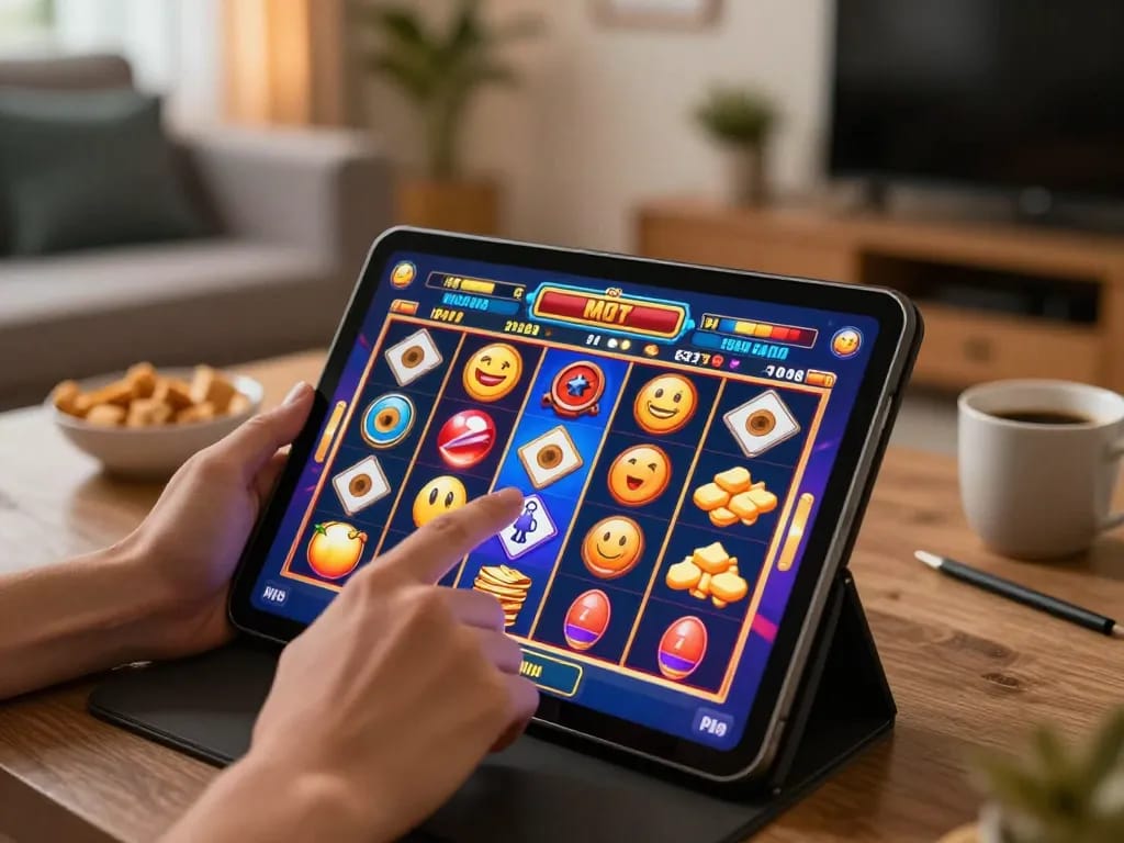 Situs slot gameplay on a tablet in a cozy living room, showcasing a player's exciting moments.