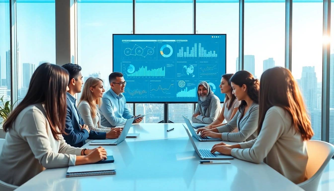 Visual representation of ai enterprise search tools enabling collaboration in a modern office.