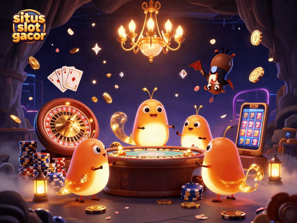 situs slot gacor showcases a vibrant cave casino with glowworms and a bat dealer amidst winning symbols