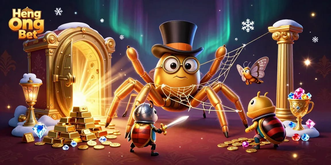 Engage in high-stakes fun at Heng Ong Bet with a vibrant 3D casino scene showcasing gold treasures and animated characters.