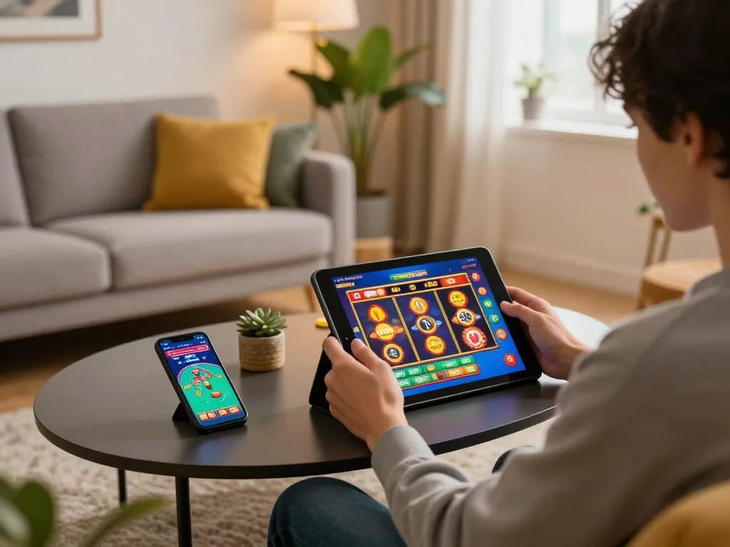 Người chơi tận hưởng các trò chơi slot Sunwin trên máy tính bảng trong không gian ấm cúng tại nhà
