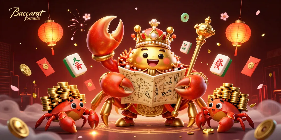 Experience the Baccarat formula with a vibrant 3D casino illustration featuring a golden crab emperor and dynamic game elements.