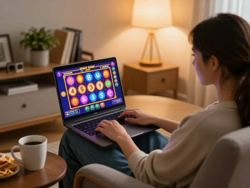 Engaging in slot online gameplay at home with vibrant visuals and a cozy atmosphere.