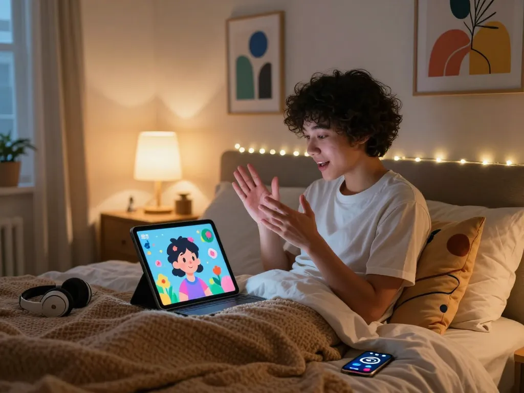 Engaging NSFW AI interaction in a cozy bedroom setting showcasing playful digital character.