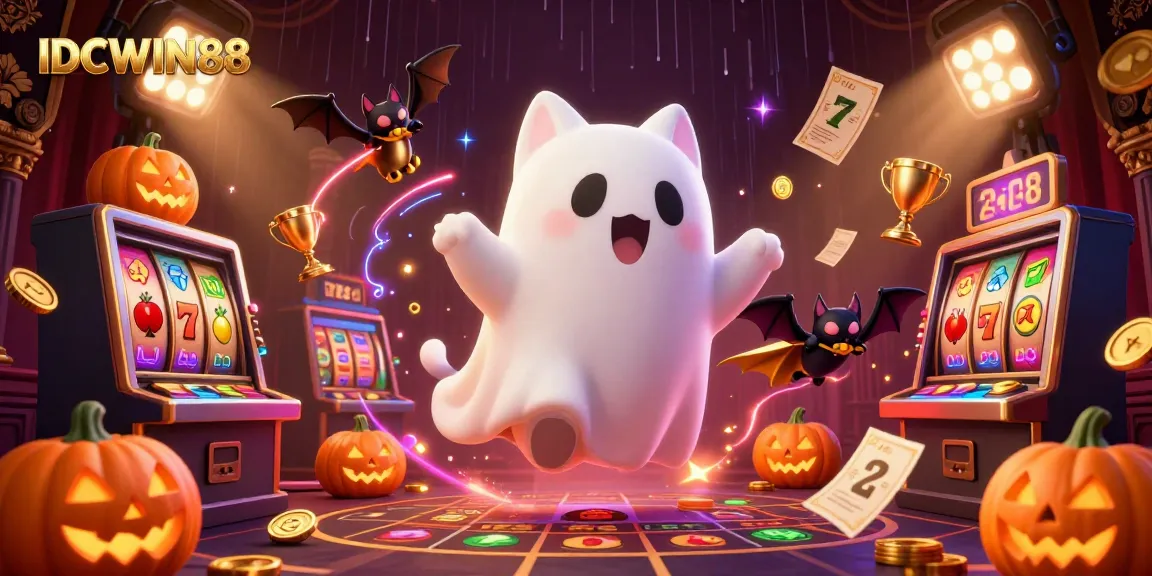IDCWIN88 showcases thrilling slot experiences with a ghost cat and a vampire bat in a haunted casino.