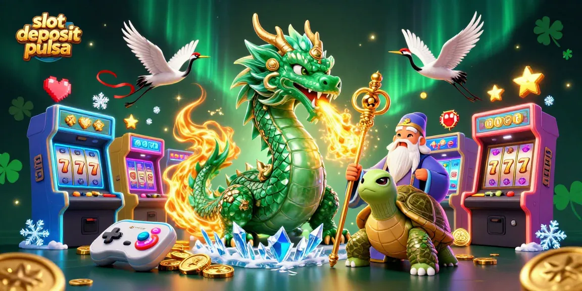 Gambarkan slot deposit pulsa dengan naga hijau besar, kura-kura bijak, dan burung-burung keberuntungan terbang.