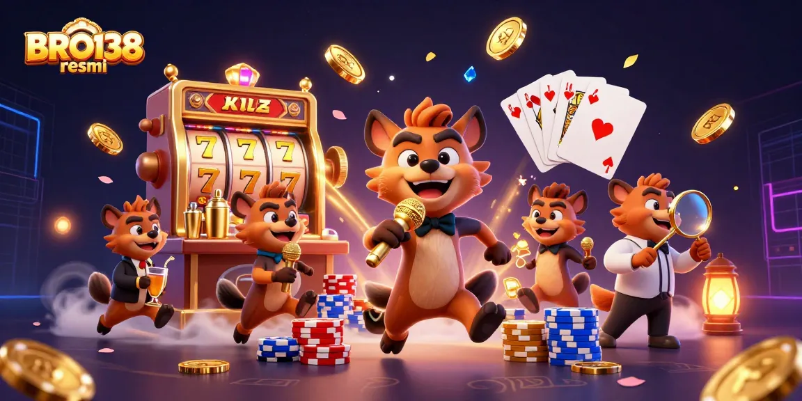 Experience the thrill of BRO138 resmi with vibrant slots and lively hyenas in a casino scene.