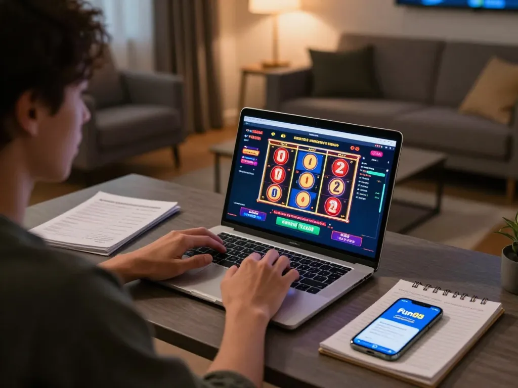 Engaged player using the fun88 app for online slot games in a cozy home setting