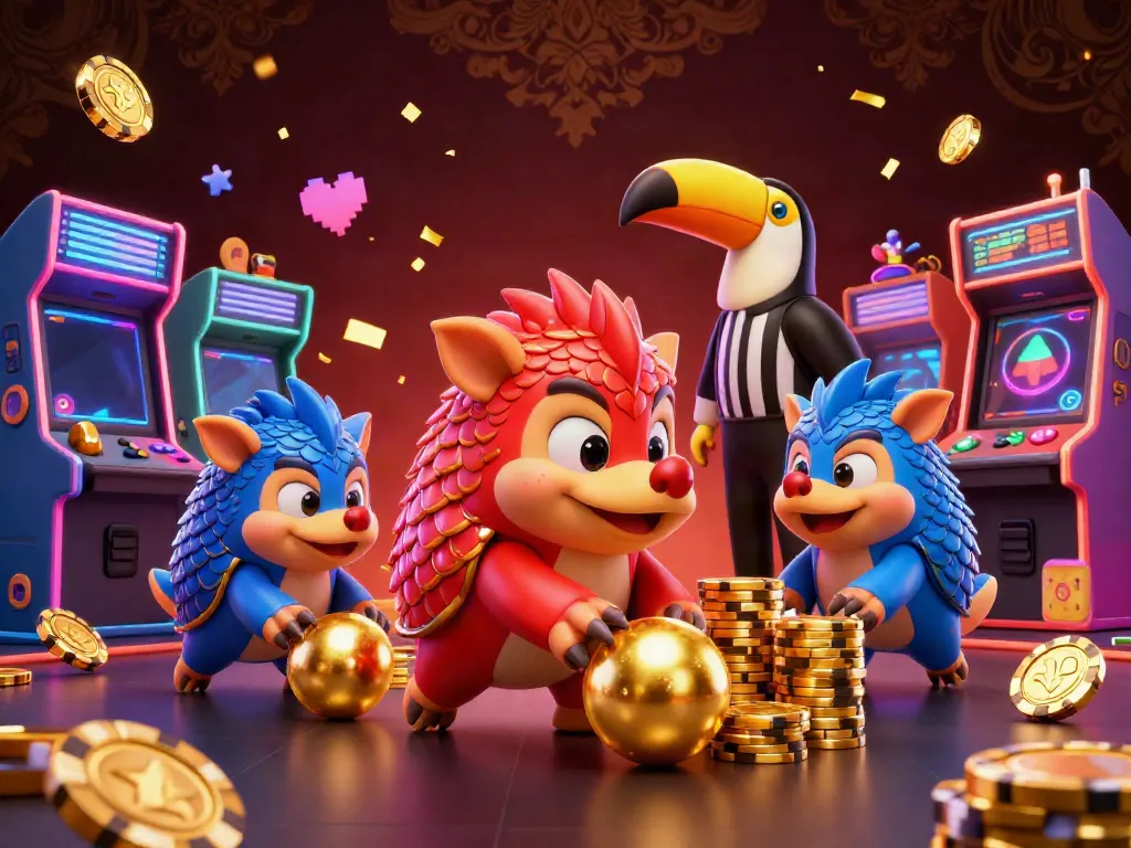 Experience the thrill of llwin as rival pangolins compete in a vibrant casino scene, showcasing exciting gaming elements.