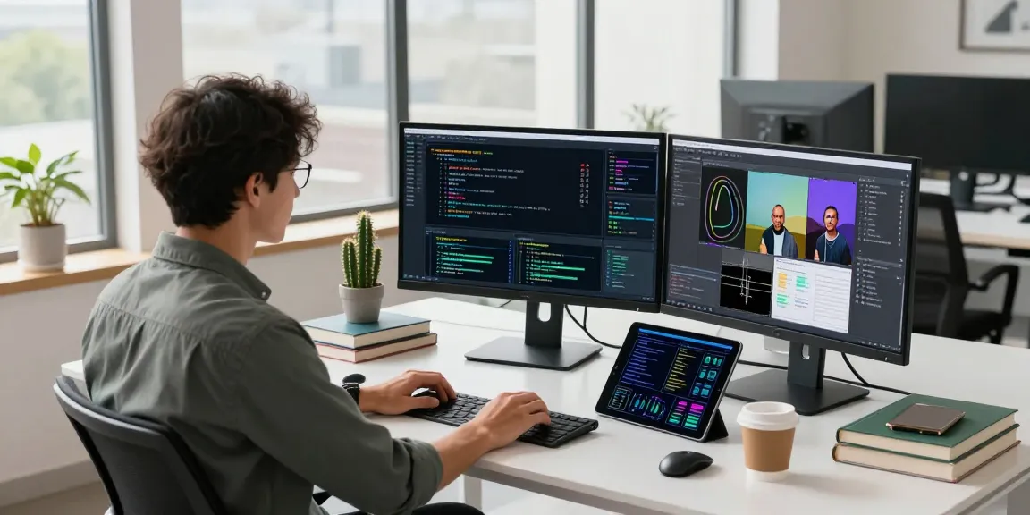 AI detector workspace with data analyst reviewing complex algorithms and visuals.
