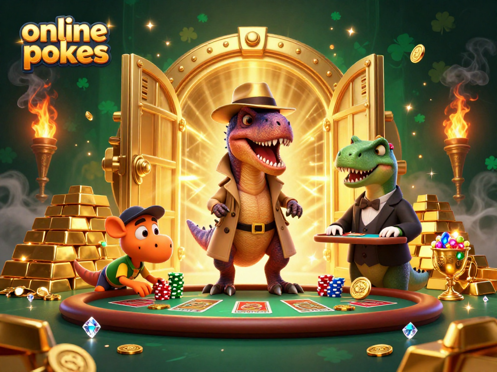 Experience thrilling online pokies with a vibrant 3D illustration of cartoon dinosaurs at a blackjack table.