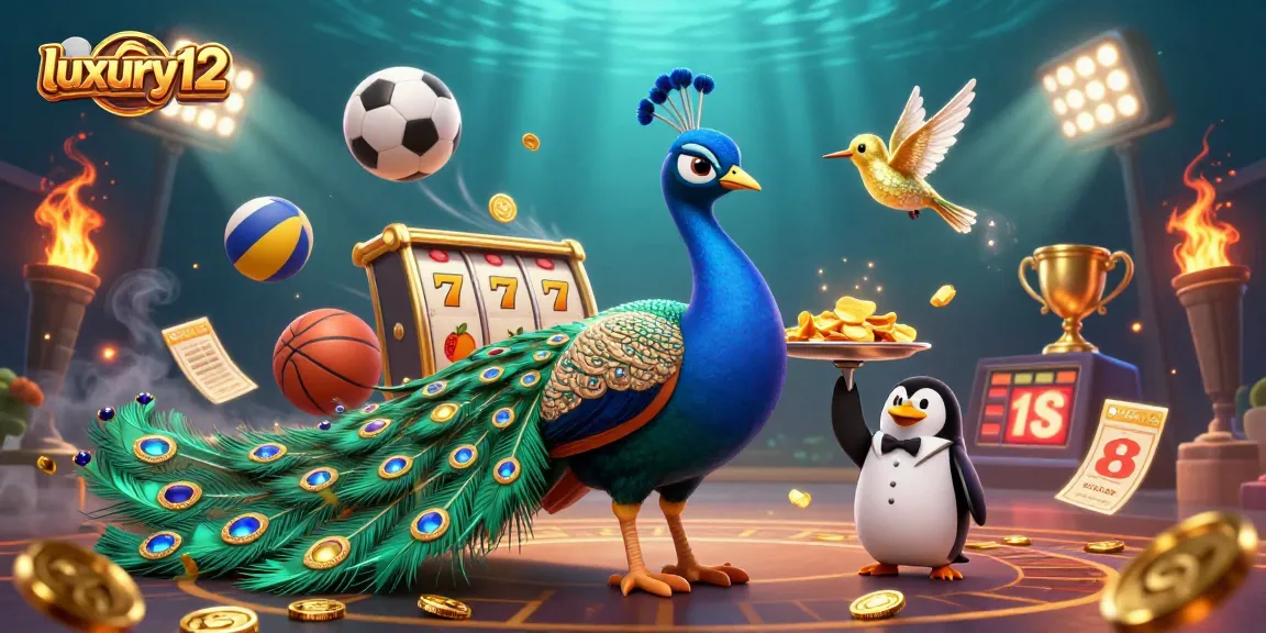 Spin the luxury12 slots while a dazzling peacock showcases festive casino energy in this vibrant illustration.