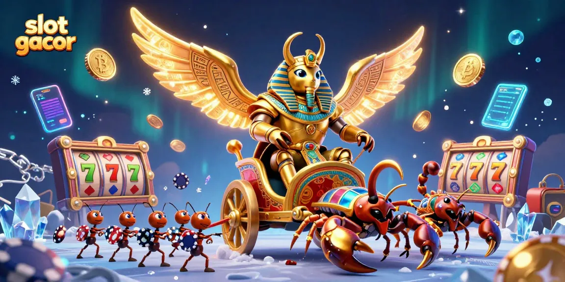 Engage with slot gacor through vivid animation of a golden scarab and intricate casino elements.