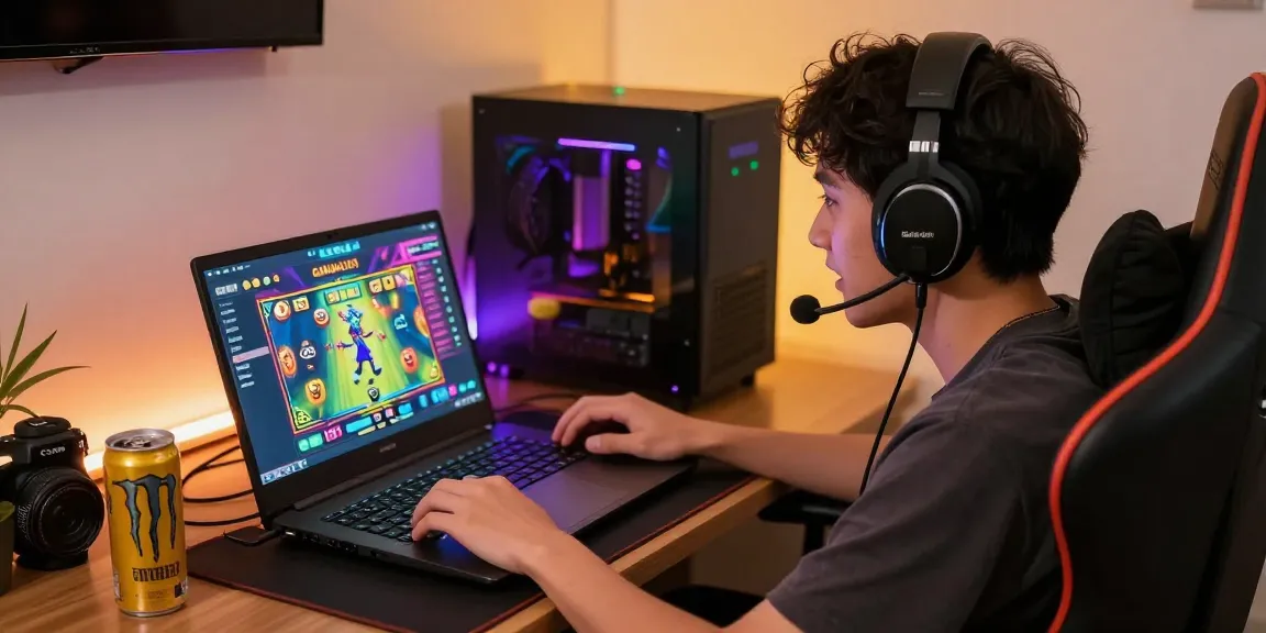 Engaged gamer enjoying GARUDA303 online platform with dynamic slot graphics and cozy gaming setup.