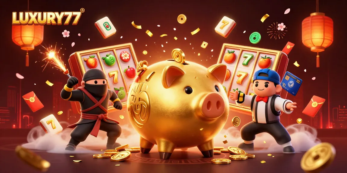 Gambarkan aksi bermain LUXURY777 dengan piggy bank emas dan ninja di dunia kasino