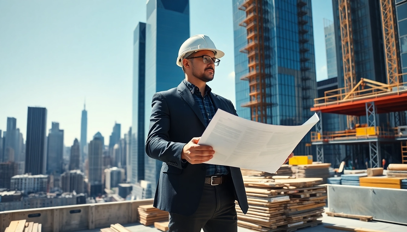 New York City Construction Manager analyzing blueprints on a bustling construction site.