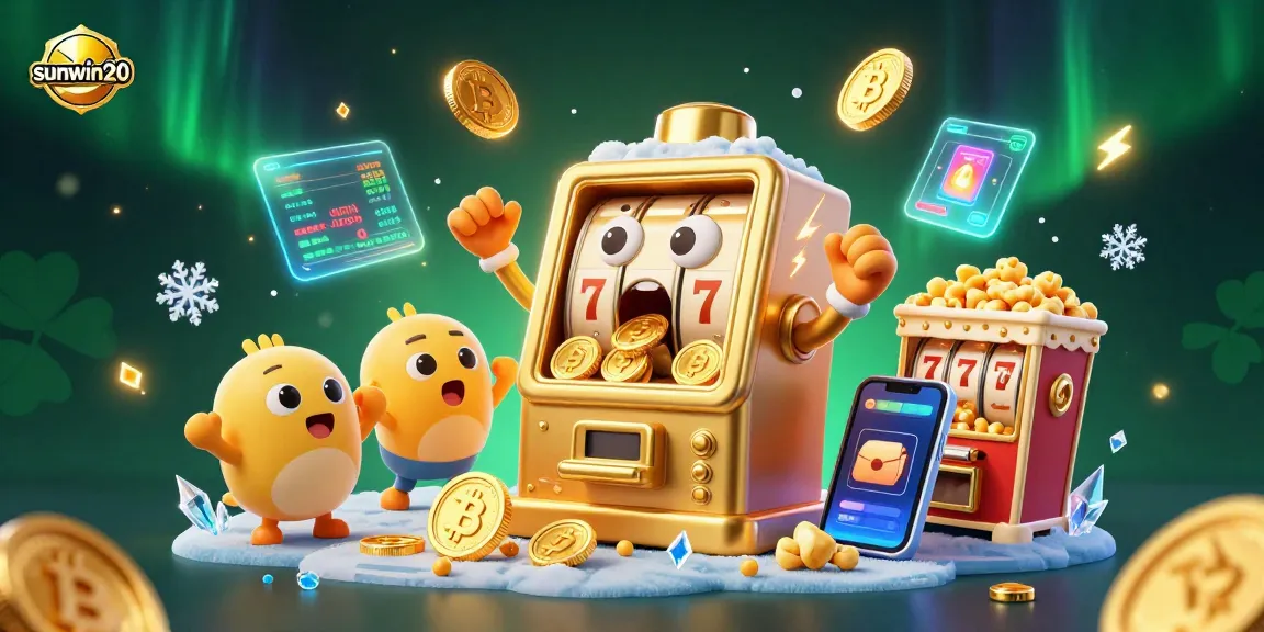 Celebrate wins with sunwin20 as a joyful slot machine hits a jackpot, showering coins.