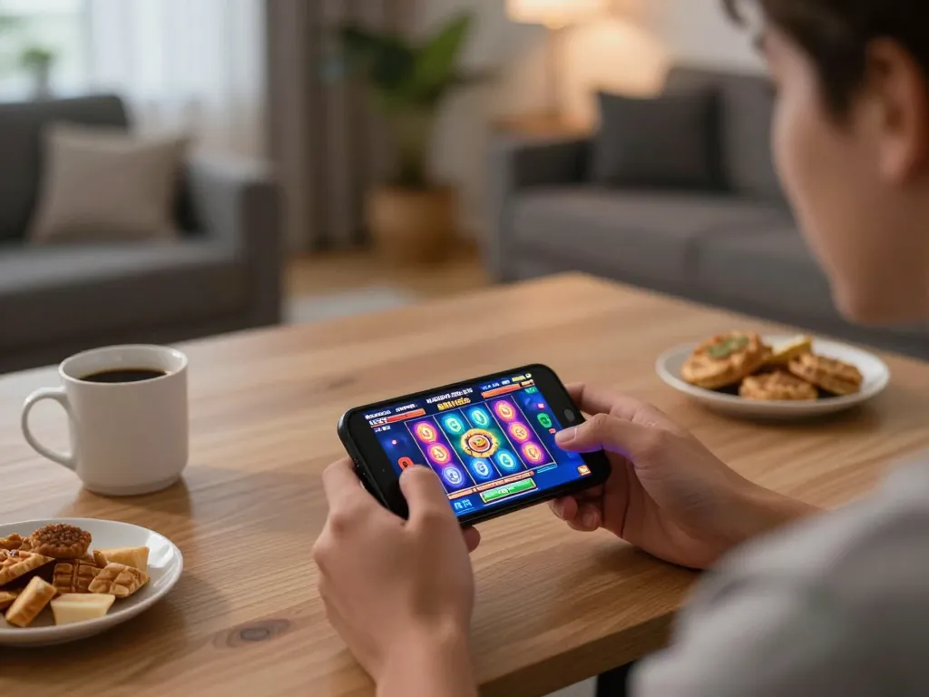 Engaging in mobile slot gaming at home on a smartphone, showcasing situs slot gacor.