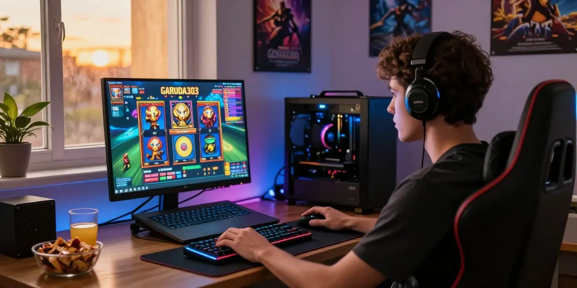 Player engaging with GARUDA303 online slot games in a vibrant gaming setup, showcasing excitement and comfort.