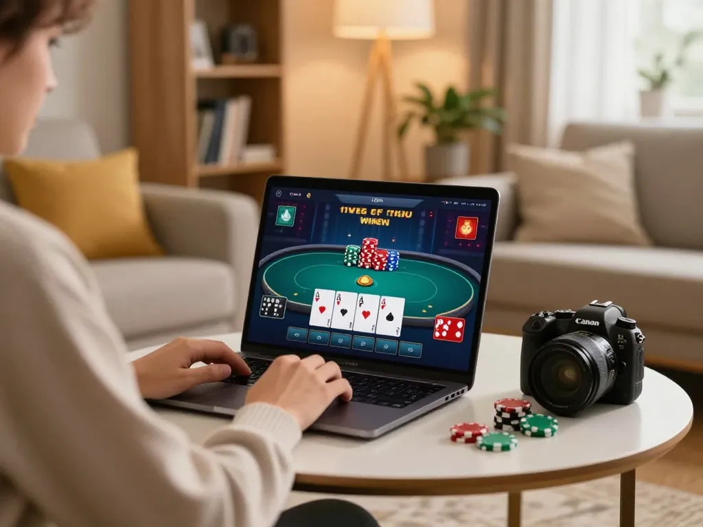 Nohu online poker player celebrating a big win during a home gaming session.