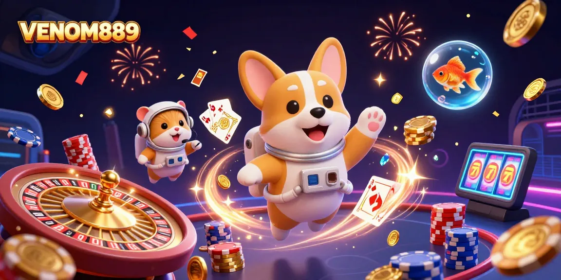 Engage in thrilling gameplay with VENOM889 in this vibrant casino scene.
